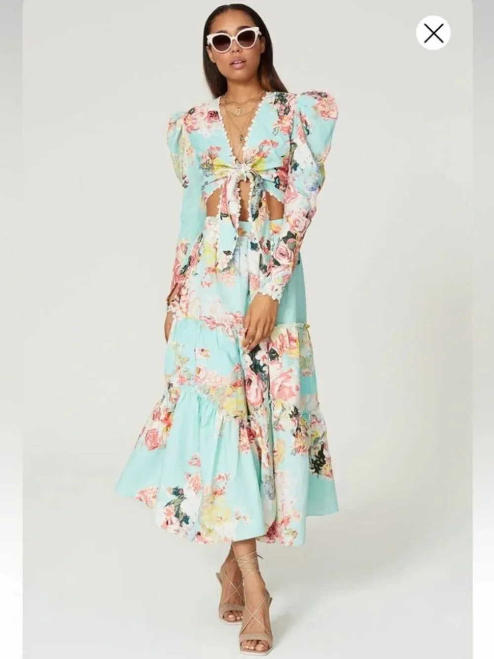 HEMANT & NANDITA SAGE Midi SKIRT Floral w/ embroidery tiered ruffle turquoise LG